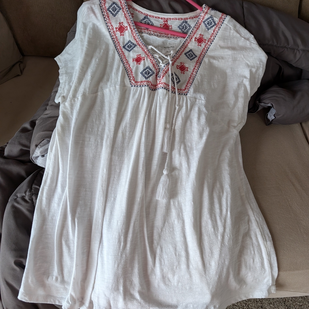 Sonoma White Blouse with Red and Blue Embroidery